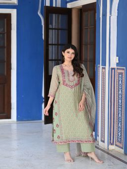 Mahee Jaipur - Green Ikhtiyar Block Print Chanderi Kurta With Pant And Dupatta