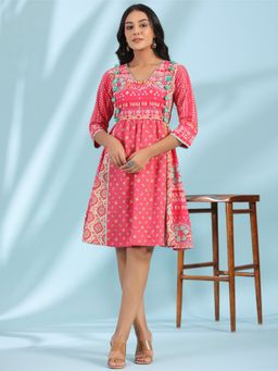 Juniper - Pink Pure Cotton Floral Printed Panelled Short Dress With Contrasting Tassels & Beadwork