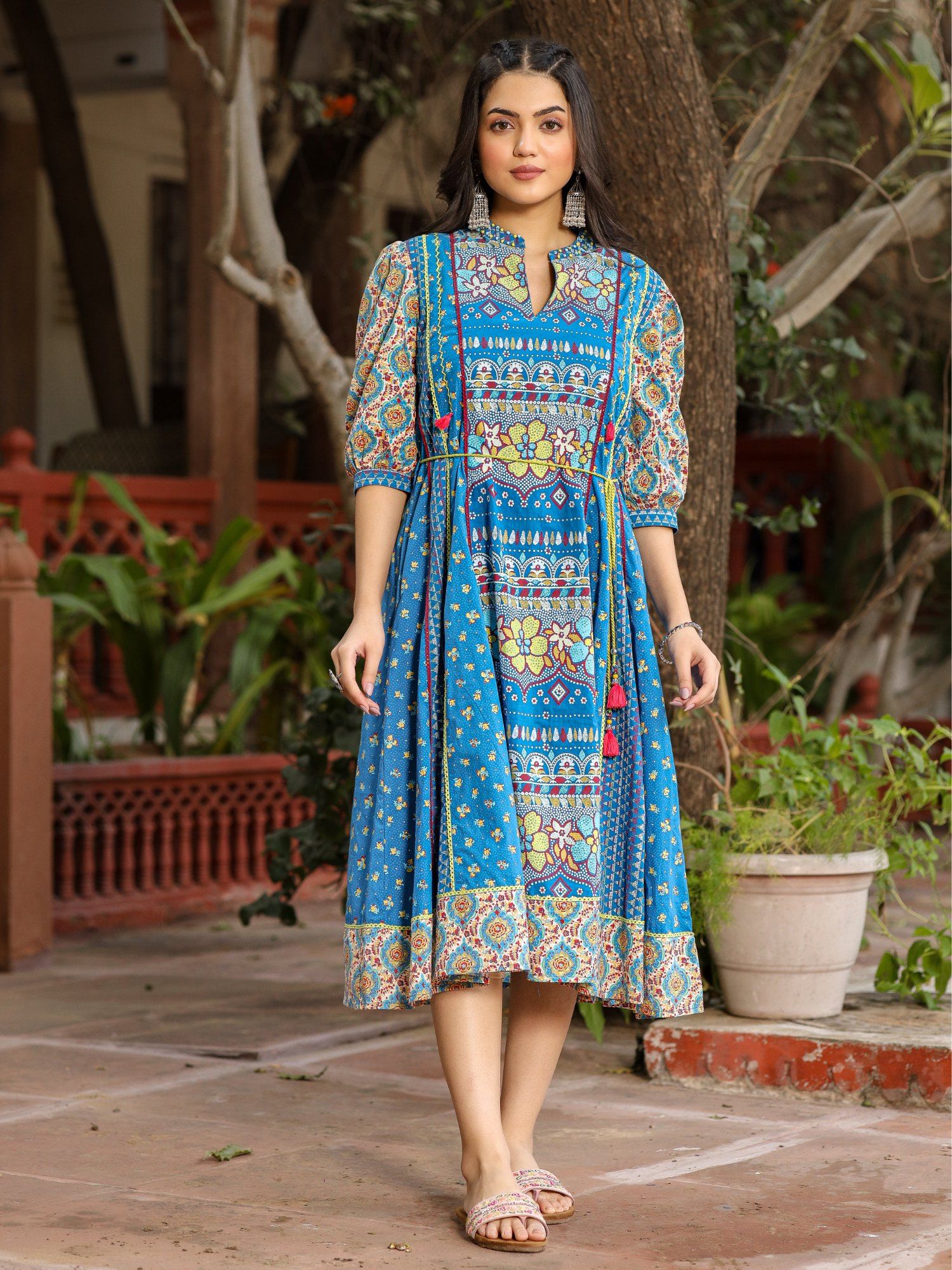 juniper Blue Floral Printed Pure Cotton Dress & Doris with Beads Work-picture-49