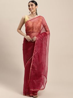 Vastranand - Maroon Colour Organza Party Wear Saree With Resham Work with Unstitched Blouse