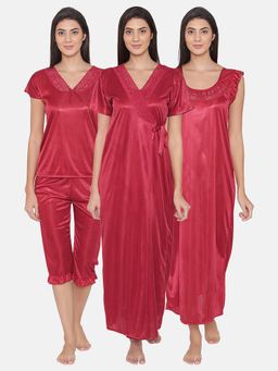 Clovia - Nightwear In Satin Wine (Set of 4)
