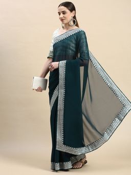 VAIRAGEE - Teal Soft Georgette Silver Embroidered Border Saree with Unstitched Blouse