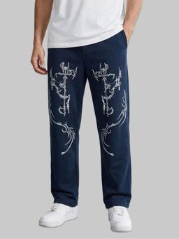 Glito - Navy Blue Men Printed Cotton Trackpant
