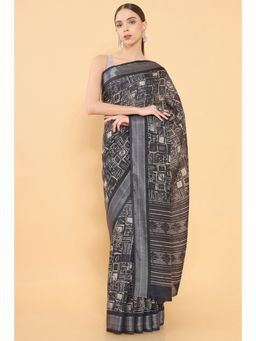 Soch - Women Charcoal Chanderi Printed Saree with Unstitched Blouse