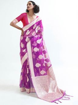 Odette - Purple Party Wear Organza Woven Design Saree with Unstitched Blouse