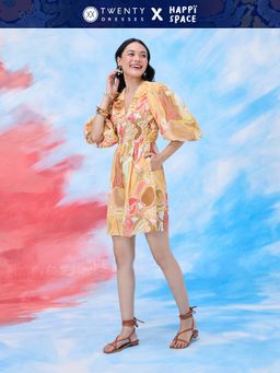 Twenty Dresses by Nykaa Fashion - Happi Space Orange Floral Print V Neck Flared Mini Dress