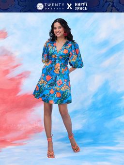 Twenty Dresses by Nykaa Fashion - Happi Space Blue Floral Print V Neck Flared Mini Dress