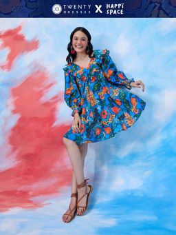 Twenty Dresses by Nykaa Fashion - Happi Space Blue Ruffled V Neck Floral Print Flared Mini Dress