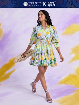 Twenty Dresses by Nykaa Fashion - Happi Space Purple Floral Print V Neck Flared Mini Dress