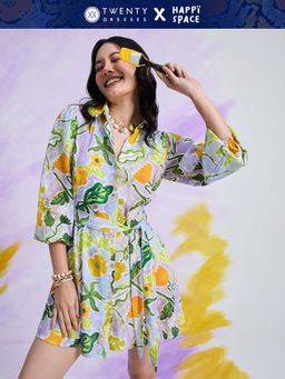 Twenty Dresses by Nykaa Fashion - Happi Space Purple Floral Mini Shirt Dress & Belt (Set of 2)