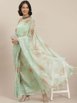 Odette - Pista Designer Silk Blend Embroidered Saree with Unstitched Blouse