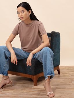 Twenty Dresses by Nykaa Fashion - XXD Basics Let Me Be You Basic Taupe T-Shirt