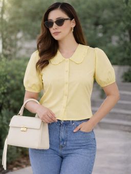 WineRed - Women Yellow Cotton Solid Shirt