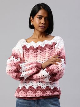 Magic Needles - Women Pink Acrylic Blend Textured Sweater