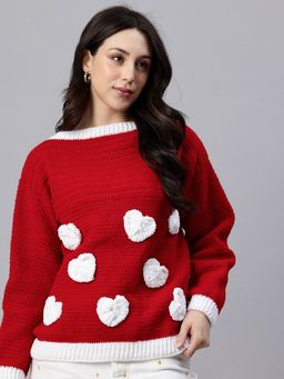 Magic Needles - Women Red Acrylic Blend Embellished Sweater