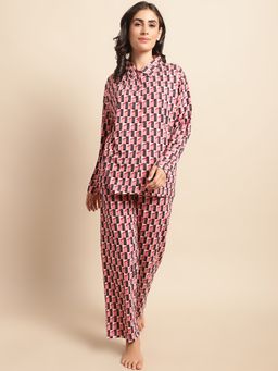 Kanvin - Pink Geometric Printed Modal Night Suit (Set of 2)