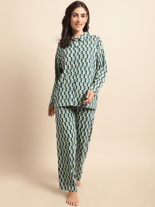 Buy Kanvin Green Geometric Printed Modal Shirt Pyjama (Set of