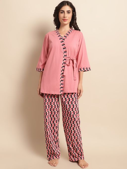 Buy Kanvin Pink Geometric Printed Night Suit (Set of 3) Online - Technical View