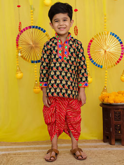 BownBee - Pure Cotton Printed Kurta and Dhoti For Boys-Black