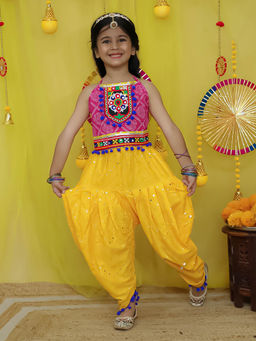BownBee - Pure Cotton Embroidered Choli With Dhoti For Girls-Yellow