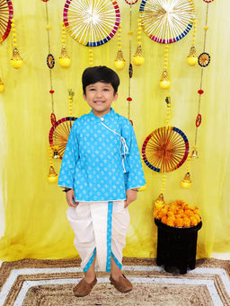 BownBee - Blue Cotton Printed Angrakha Kurta and Dhoti