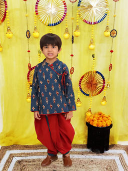 BownBee - Navy Blue Cotton Printed Angrakha Kurta and Dhoti for Boys