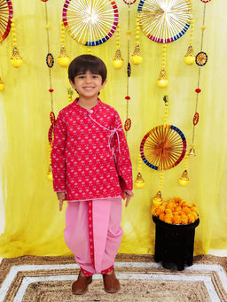 BownBee - Red Printed Angrakha Kurta with Dhoti