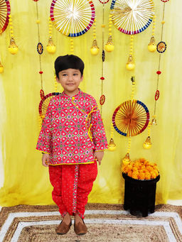 BownBee - Red Cotton Printed Angrakha Kurta and Dhoti for Boys