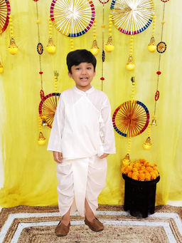 BownBee - White Cotton Printed Angrakha Kurta and Dhoti for Boys