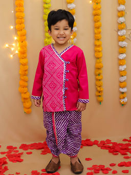 BownBee - Bandhani Pure Cotton Long Sleeves Kurta and Dhoti for Boys -Pink