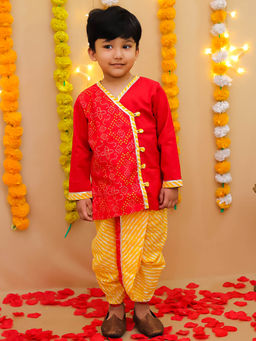 BownBee - Bandhani Pure Cotton Long Sleeves Kurta and Dhoti for Boys