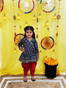 BownBee - Pure Cotton Printed Kurti With Dhoti For Girls-Navy Blue