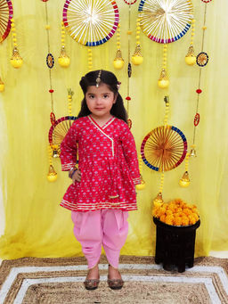 BownBee - Pure Cotton Printed Kurti With Dhoti For Girls-Red