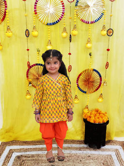 BownBee - Pure Cotton Printed Kurti With Dhoti For Girls-Yellow