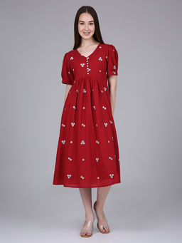 Saffron Threads - Red Woven Design Cotton Midi Dress