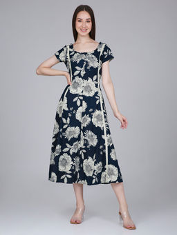 Saffron Threads - Navy Blue Waist Tie-Up Midi Dress With Floral Print