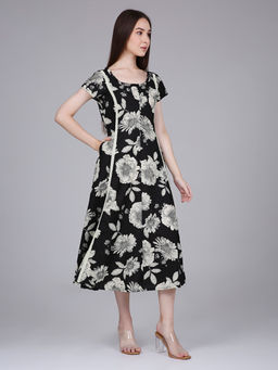Saffron Threads - Black Waist Tie-Up Midi Dress With Floral Print