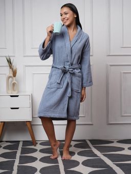 Creeva - Lavish Cotton Bathrobe Jacquard Weave, Shawl Collar, Large, Slate Blue