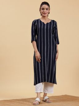Libas - Navy Woven Design Straight Viscose Rayon Kurta