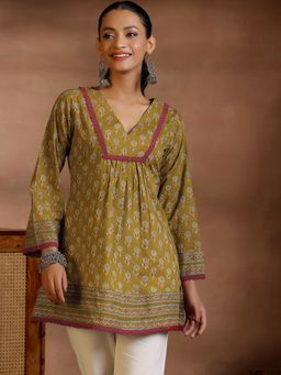 Libas - Olive Floral Printed Pleated Cotton Kurti with Lace On Yoke