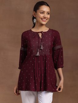 Libas - Wine Geometric Woven Design Pleated A-Line Kurti with Dobby Weave