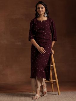 Libas - Wine Ethnic Motif Woven Design Straight Kurta with Pocket