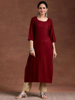 Libas - Red Woven Design Sequinned Straight Kurta with Pocket