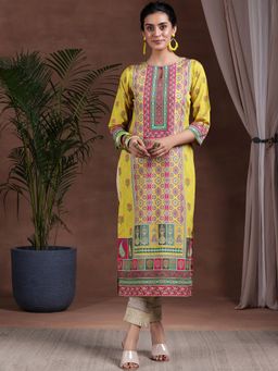Libas - Mustard Ethnic Motif Printed Straight Crepe Kurta