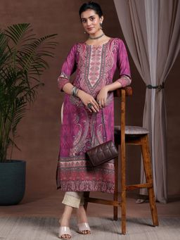 Libas - Mauve Paisley Printed Straight Crepe Kurta