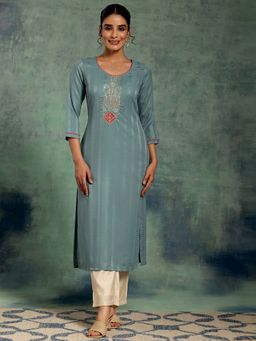 Libas - Blue Floral Zari Yoke Design Kurta with Jacquard Weave