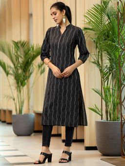 Libas - Black Ethnic Motif Woven Design Straight Kurta with Pocket