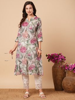 FASHOR - Floral Printed Multi Colour A-Line Cotton Flax Kurta