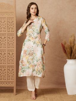 FASHOR - Off White Floral Printed A-Line Cotton Flax Kurta
