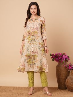 FASHOR - Cream Floral Printed A-Line Cotton Flax Kurta